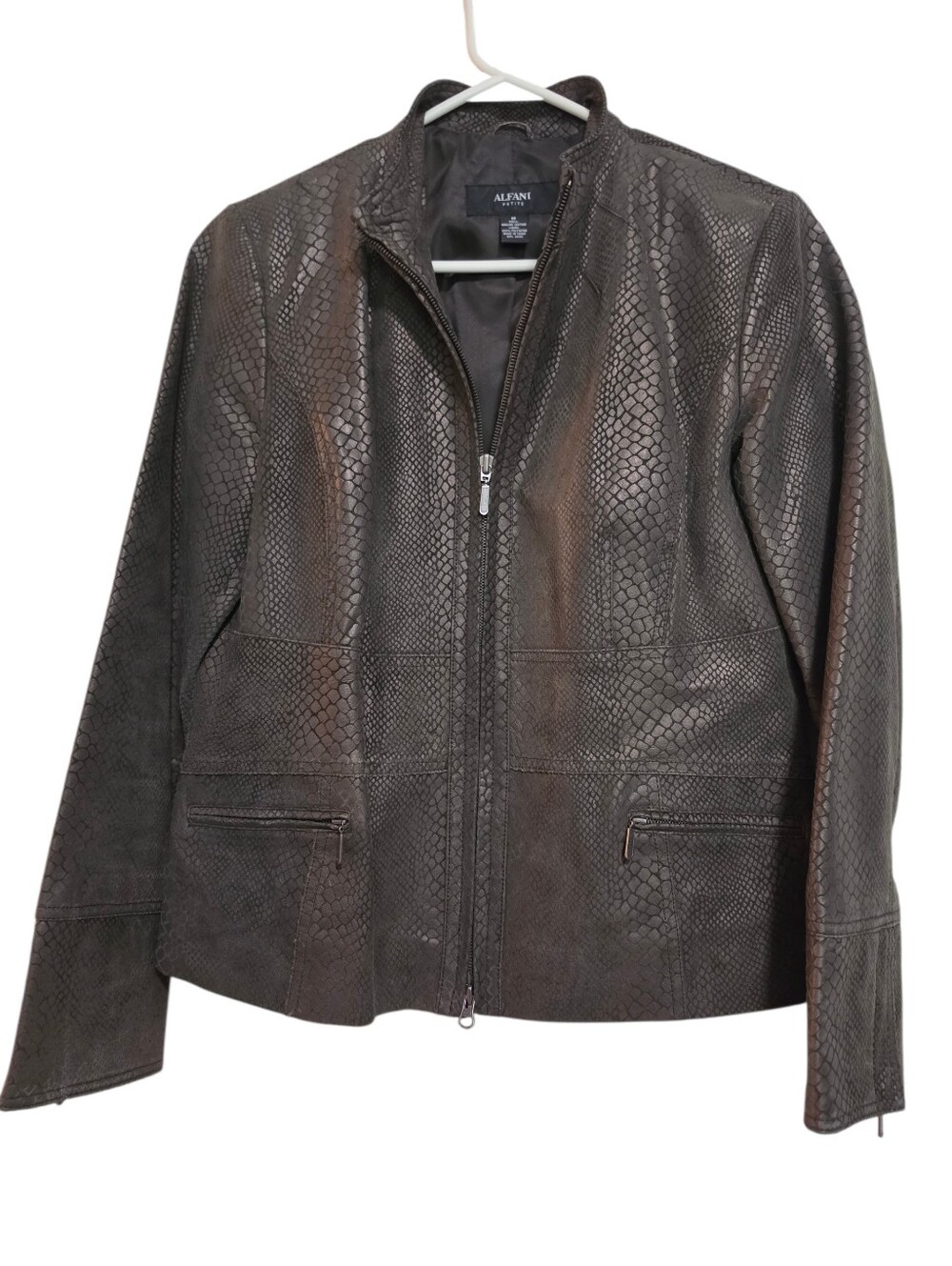 Alfani Brown Leather Zip Front Jacket 2 Zip Pockets SZ Pet Medium